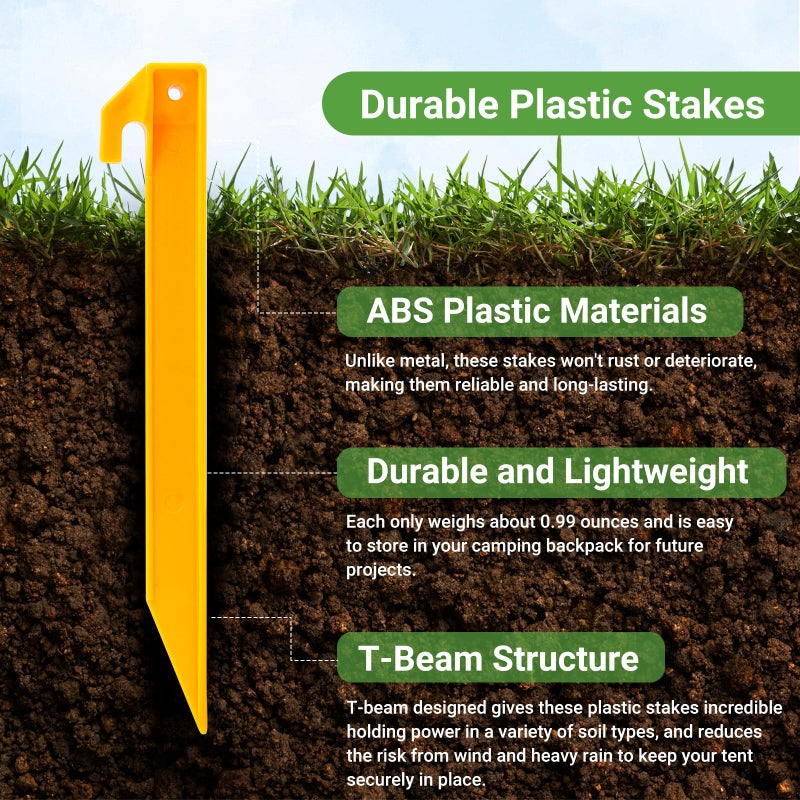 Hikemax Plastic Tent Stakes 10 Pack - 9 Inch Heavy Duty Beach Sand Pegs - Windproof Plastic Garden Stakes for Secure Tents, Inflatables, Canopies, Rain Tarps and Garden Structures - Image 3